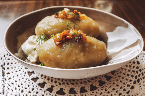 Traditional Lithuanian dish of stuffed potato dumplings - cepelinai