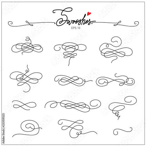 Beautiful artistic set of ink swooshes. Hand drawn decorative calligraphy elements for your design. Beautiful Swirls, Swooshes and Decorative elements for wedding invitations, cards and stationery.