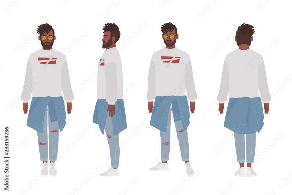 African American guy dressed in casual clothes. Stylish young man, street style look. Male cartoon character isolated on white background. Front, side and back views. Flat vector illustration. African American guy dressed in casual clothes. Stylish young man, street style look. Male cartoon character isolated on white background. Front, side and back views. Flat vector illustration.