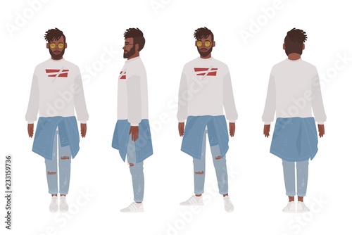 African American guy dressed in casual clothes. Stylish young man, street style look. Male cartoon character isolated on white background. Front, side and back views. Flat vector illustration.