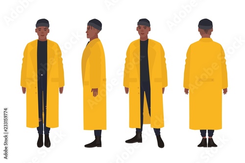 African American guy dressed in yellow raincoat. Young man in trendy coat, street style look. Male cartoon character isolated on white background. Front, side and back views. Flat vector illustration. photo