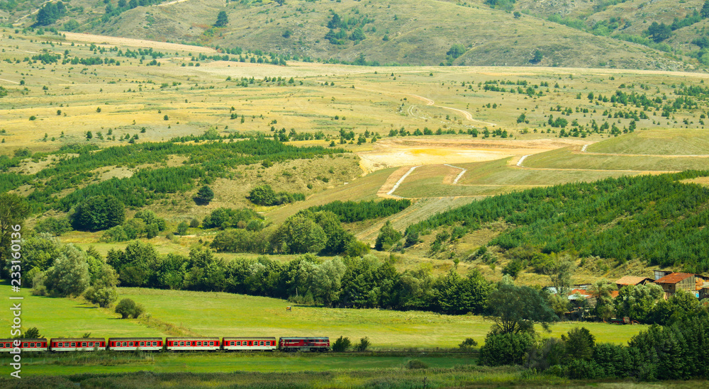 Bulgaria beautiful colorful meadow landscape, summertime, mountain train. Bulgarian  narrow-gauge railway train.