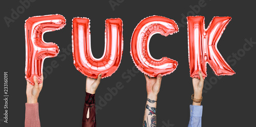 Hands holding fuck word in balloon letters