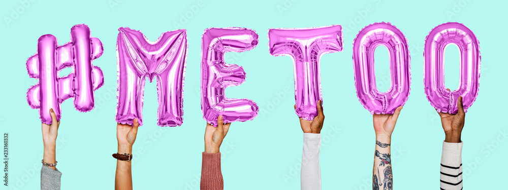 Hands holding #metoo word in balloon letters