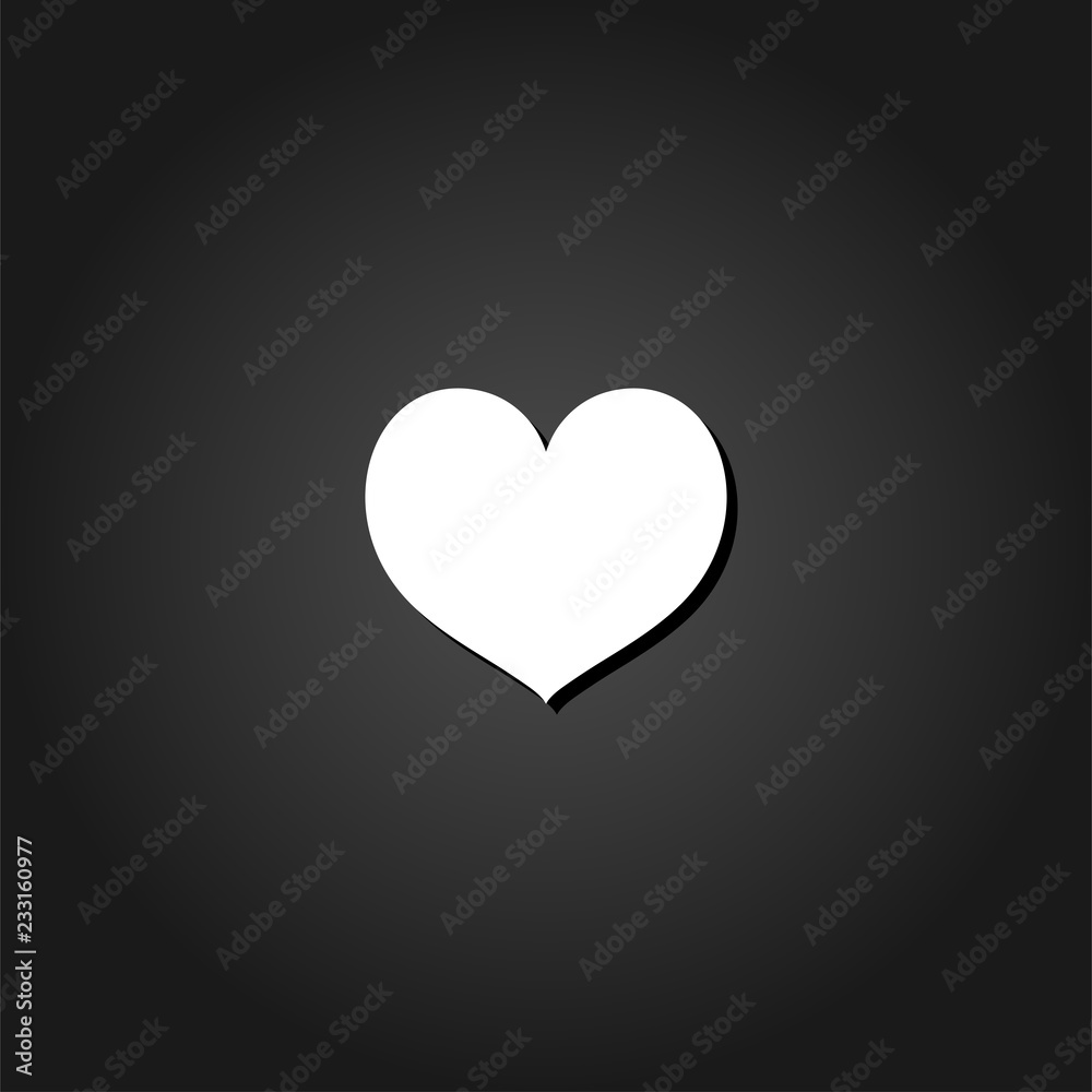 Heart icon flat. Simple White pictogram on black background with shadow. Vector illustration symbol