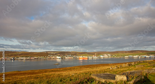 Lerwick with it's prominant Town Hall from across the water from Bressay, Shetland, UK.