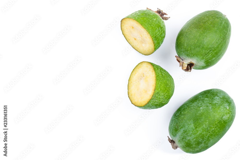 Tropical fruit feijoa Acca sellowiana isolated on white background with copy space for your text. Top view. Flat lay pattern Tropical fruit feijoa Acca sellowiana isolated on white background with copy space for your text. Top view. Flat lay pattern