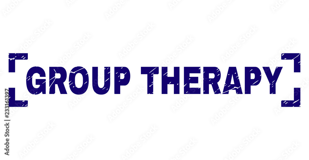 GROUP THERAPY text seal print with grunge texture. Text tag is placed inside corners. Blue vector rubber print of GROUP THERAPY with grunge texture.