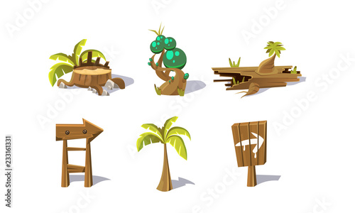 Palm tree, wooden signs, fantastic plant, elements of natural landscape, user interface assets for mobile apps or video games vector Illustration
