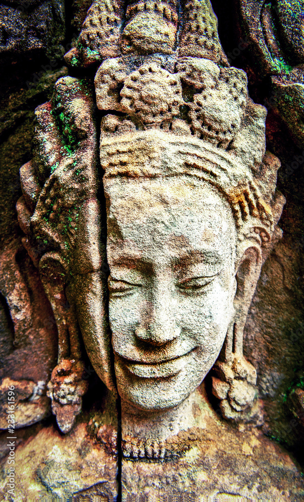 Smiling faces in the Temple of Bayon. Cambodia
