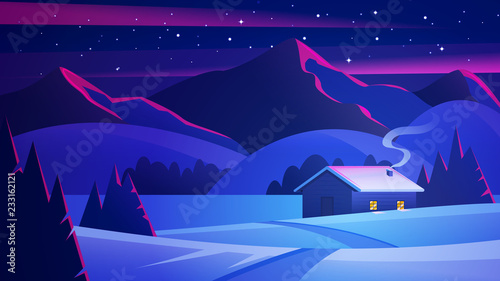 Night landscape with mountains and a lonely hut. Christmas eve Landscape. House in winter forest. Vector of winter landscape.