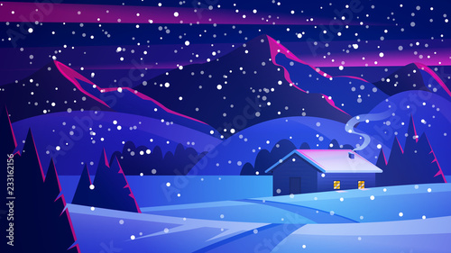 Christmas Night landscape with mountains and a lonely hut. Christmas eve Landscape. Сozy house in winter forest. Vector of winter landscape.