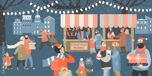 Vector illustration of a Christmas market with people shopping, drinking mulled wine and having a rest with their family