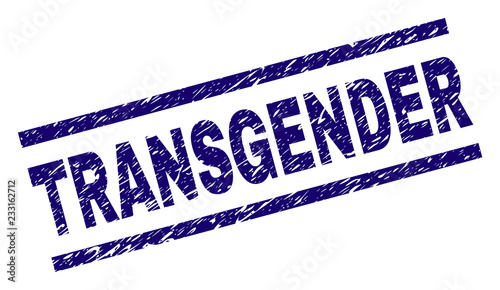 TRANSGENDER seal print with distress style. Blue vector rubber print of TRANSGENDER text with retro texture. Text caption is placed between parallel lines.