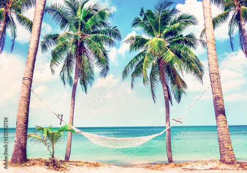 Beautiful beach. View of nice tropical beach with palms around. Holiday and vacation concept. Tropical beach. Beautiful tropical island in Thailand.