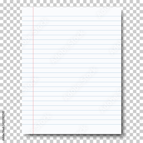 Ruled sheet of notebook paper placed on transparent background. Vector paper template.