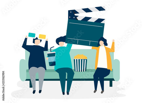 Characters of people holding movie icons illustration