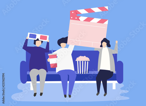 Characters of people holding movie icons illustration