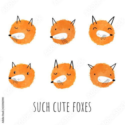 Vector set of watercolor foxes. Hand-drawn style. Cute animals