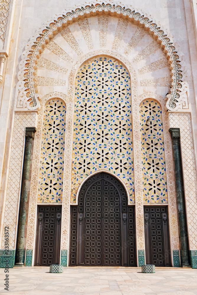 Detail of Hassan II Mosque in Casablanca, Morocco. Exterior of Hassan II Mosque, Casablanca, Morocco