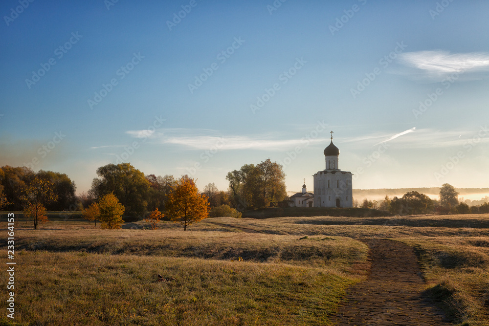 Church of Intercession upon Nerl River. (Bogolubovo, Vladimir region, Golden Ring of Russia) in autumn sunny morning