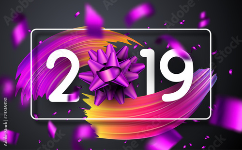 Happy New Year 2019 poster with bow, colorful brush stroke design and confetti.