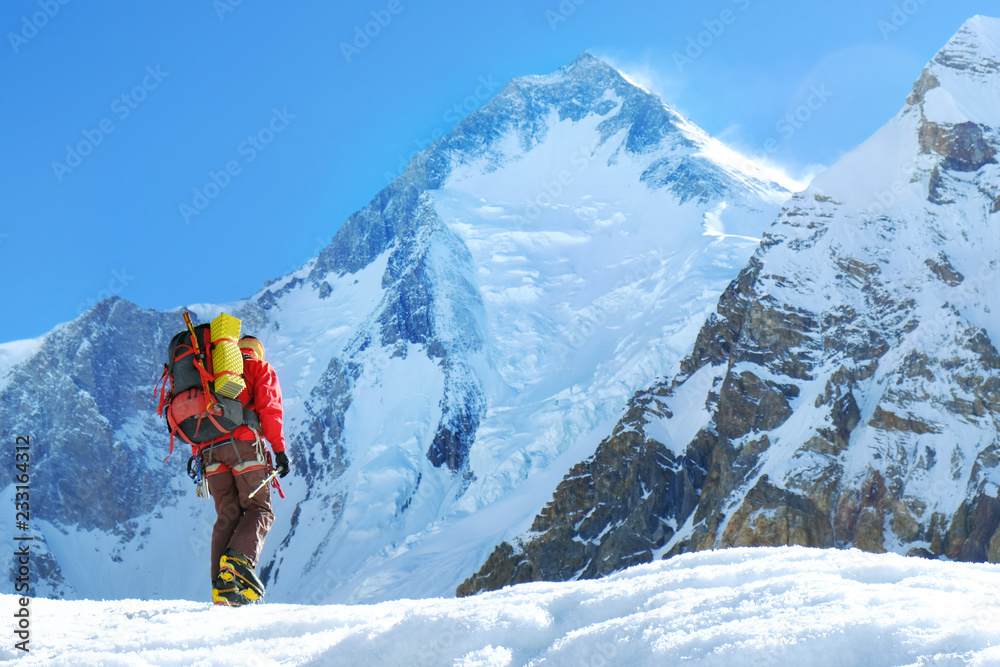 Climber reaches the summit of Everest. Mountain peak Everest. Highest mountain in the world. National Park, Nepal