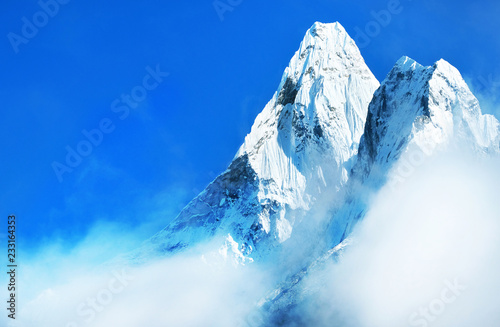Mountain peak Everest. Highest mountain in the world. National Park, Nepal.