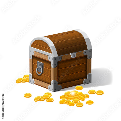 Piratic trunk chests with gold coins treasures. . Vector illustration. Cartoon style, isolated