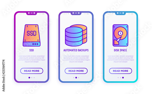 Hosting thin line icons set: automated backup, SSD, disk space. Modern vector illustration for user mobile interface.