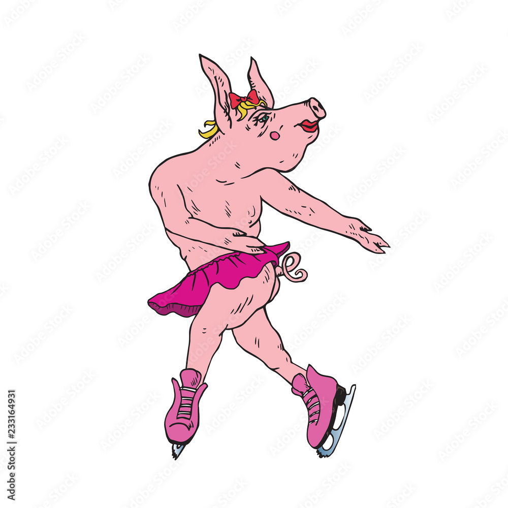 Piggy girl in skirt dancing in pink ice skates, hand drawn doodle, sketch, vector color illustration