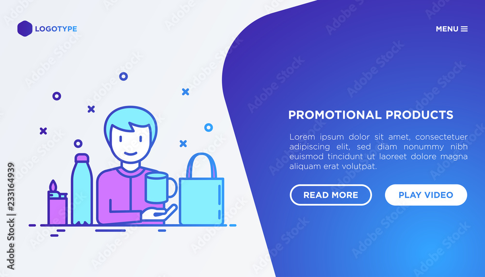Manager with promotional products for clients. Concept with thin line icons: tote bag, water bottle, cup, lighter. Vector illustration, web page template. Manager with promotional products for clients. Concept with thin line icons: tote bag, water bottle, cup, lighter. Vector illustration, web page template.