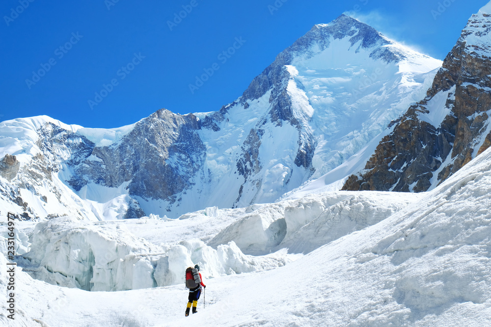 Climber reaches the summit of Everest. Mountain peak Everest. Highest mountain in the world. National Park, Nepal