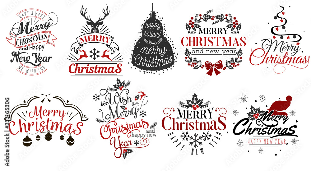 Merry Christmas and Happy New Year logo set - obrazy, fototapety, plakaty 