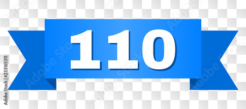 110 text on a ribbon. Designed with white title and blue tape. Vector banner with 110 tag on a transparent background.