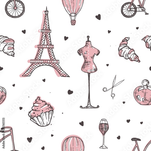Hand drawn seamless pattern with Paris and France symbols - french perfume, bicycle, croissant, Eiffel Tower, mannequin, air balloon on white background. Vector illustration for wrapping paper.