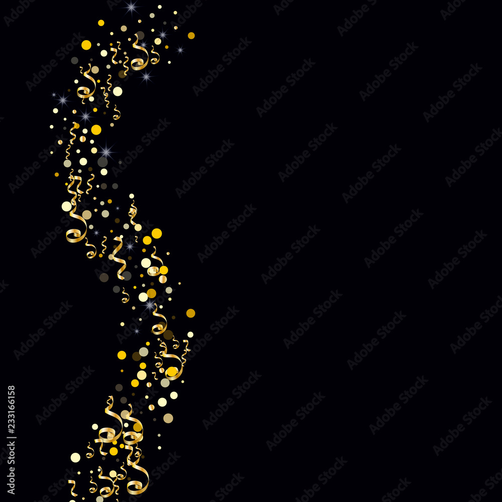 Golden serpentine and confetti on a black background Festive design of wallpaper, background, cover, printing, packaging