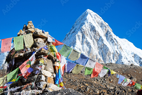Base camp of mountain peak Everest. Highest mountain in the world. National Park, Nepal.