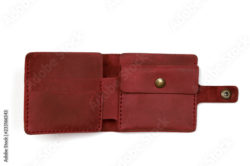 open empty red leather wallet on white background