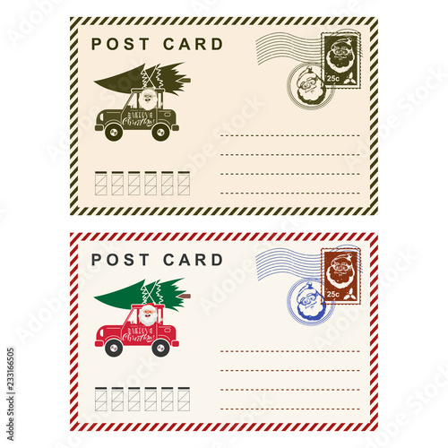 Christmas postcard with stamp, Santa Claus, car and tree. Vector template holiday letter isolated on white background.