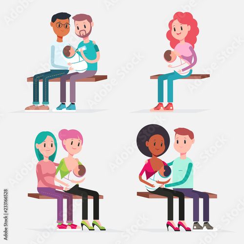 Breast feeding baby traditional and lgbt couples. Vector flat cartoon characters set isolated on white background. Concept illustration.