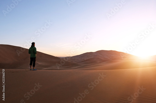 Hinking in the sand dunes in the Sahara Desert. Morocco, Africa