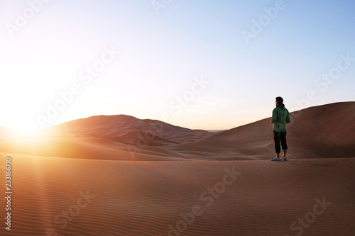 Hinking in the sand dunes in the Sahara Desert. Morocco, Africa