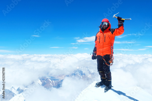 Climber reaches the summit of Everest. Mountain peak Everest. Highest mountain in the world. National Park, Nepal