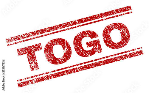 TOGO seal print with distress style. Red vector rubber print of TOGO text with retro texture. Text tag is placed between double parallel lines.