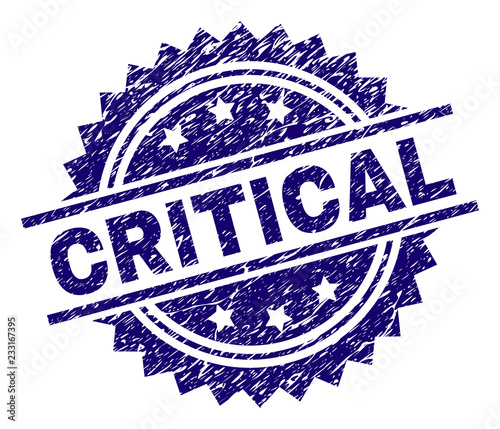 CRITICAL stamp seal watermark with distress style. Blue vector rubber print of CRITICAL tag with unclean texture.