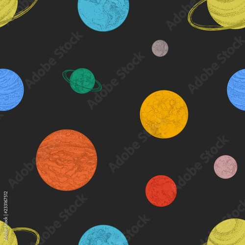 Seamless pattern with colorful planets and other space objects on black background