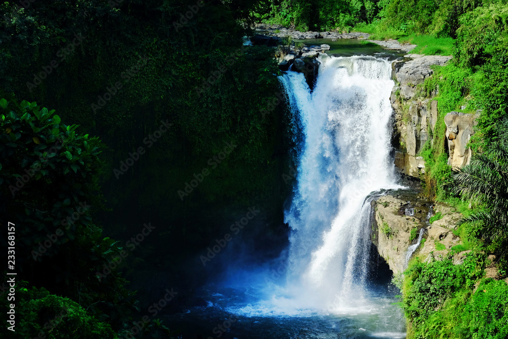 Fototapeta premium Jumping into the water. Man having fun at waterfalls in the nature. Bali, Indonesia