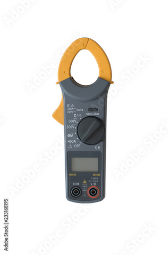 Digital clamp meter on white background. High-resistance ohmmeter, voltmeter, ampermeter and thermometer. Electrical measurements clamp meter tester photo