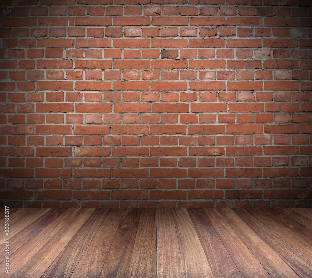 Red Brick wall with wooden floor Background